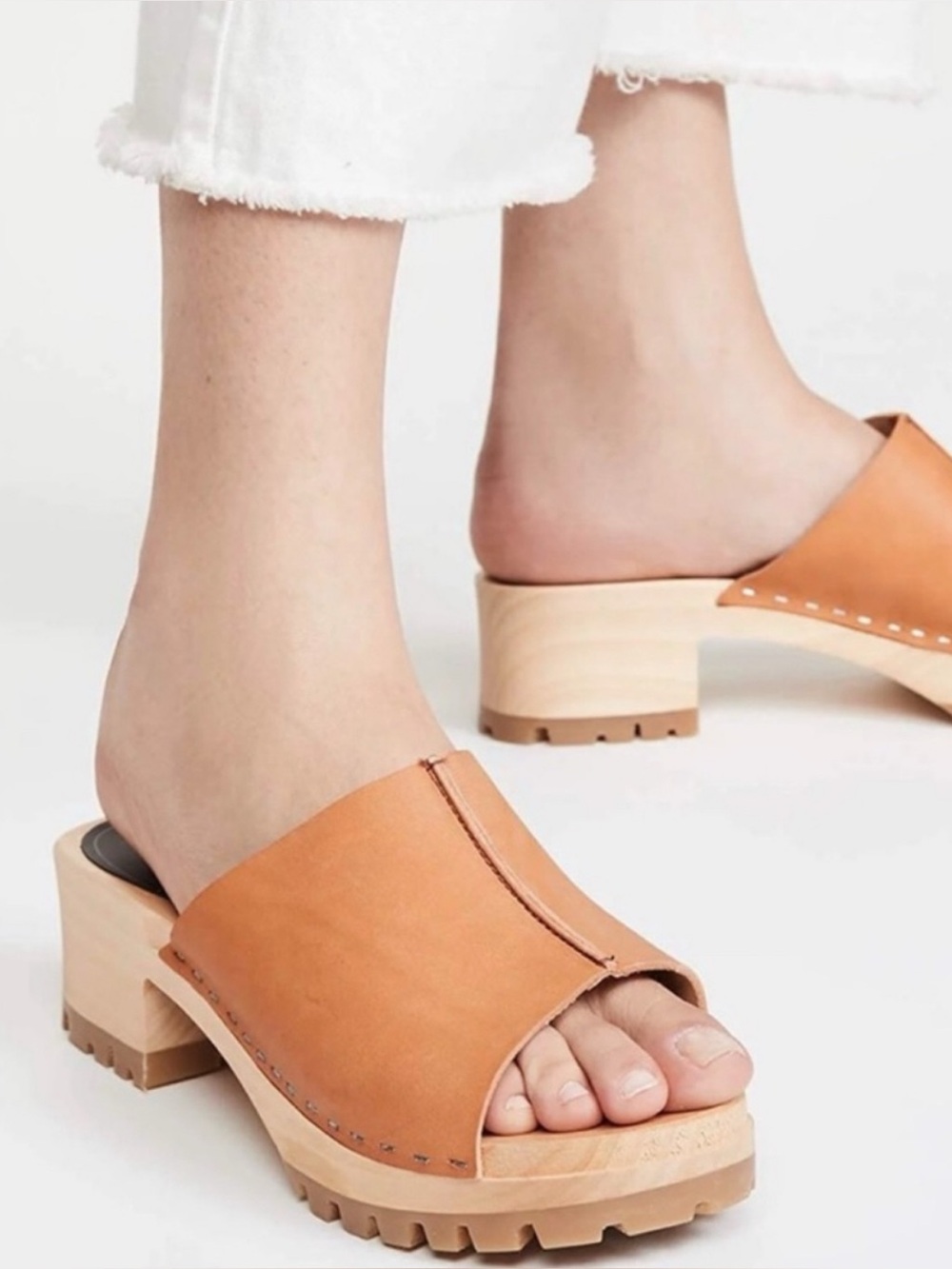 Swedish Hasbeens Clogs EU38/US8 Ann Low Heeled Mules Leather Nature Brown Tan